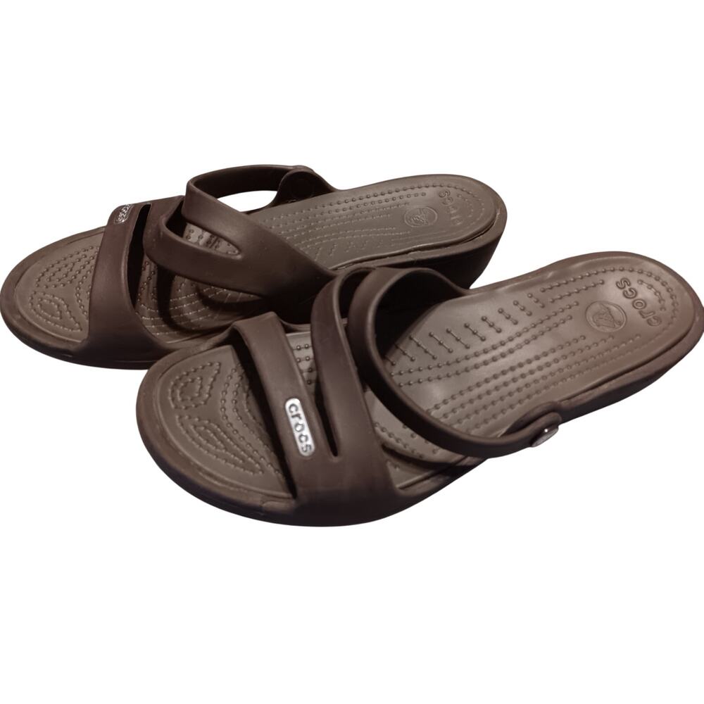 Crocs Patricia Wedge Brown Size 6 Sandals comfortable crisscross straps low heel